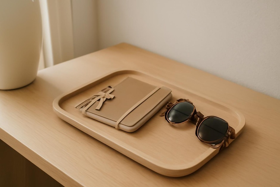 A small wooden tray with keys, a notebook, and sunglasses on an entry table