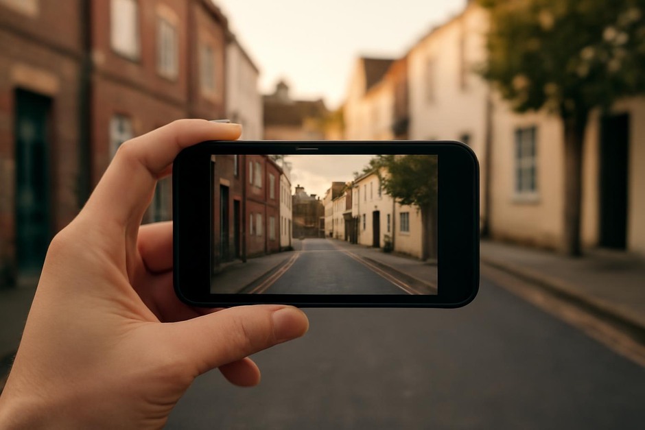 Hand holding a phone camera, framing a small street scene in late afternoon light